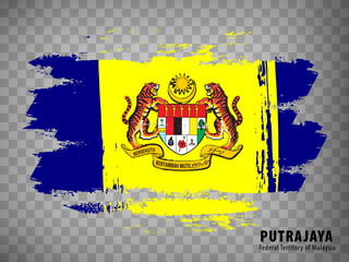 Flag of Putrajaya from brush strokes. Flag Federal Territory Putrajaya of Malaysia with title on transparent background for your web site design, app, UI. Vector illustration. EPS10