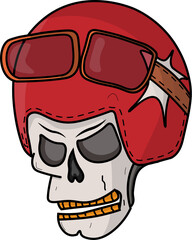Isolated illustration of skull wearing red retro vintage helmet with star icon, motorcycle skeleton helm head logo