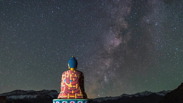 Zoom in Timelapse shot of milky way behind the Langza Buddha Statue at Langza village in Spiti Valley, Himachal Pradesh, India. Night lapse shot of milkyway setting behind the statue.