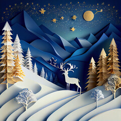 Winter landscape with snowy slopes, mountain, and deer, multidimensional paper art. 3D illustration
