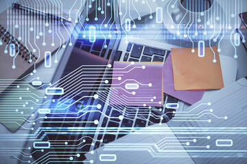 Double exposure of data hologram sketch over study table background with computer. Concept of Ai....