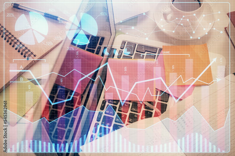 Poster Multi exposure of financial chart drawing over table background with computer. Concept of research and analysis. Top view.