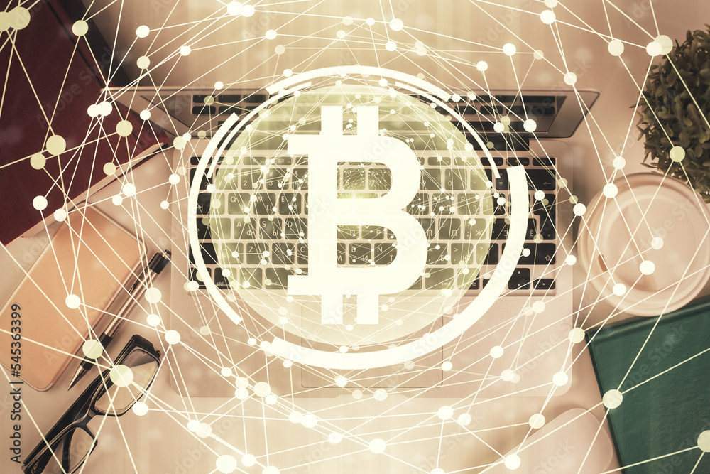 Aufkleber blockchain theme hologram drawings over computer on the desktop background. top view. double exposur