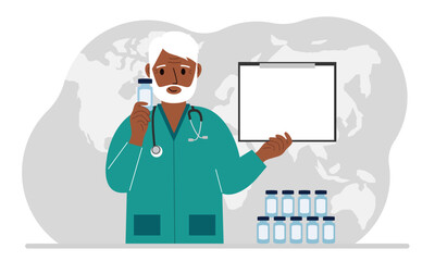 Pandemic, vaccination and health concept. Doctor with a bottle of vaccine.