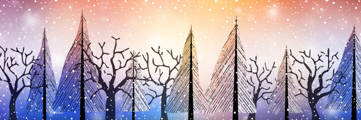 Winter holiday illustration, trees and snowfall, panoramic view