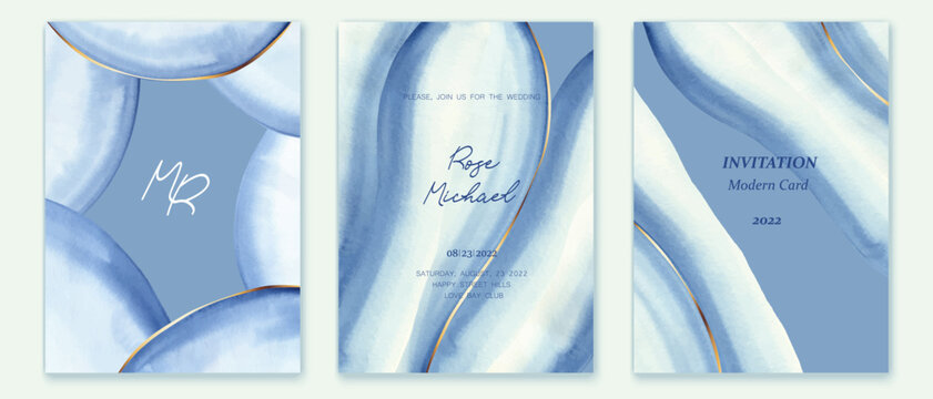 Set of cards with blue watercolor abstract forms, golden lines. Art background, invitation, business card, cover template.