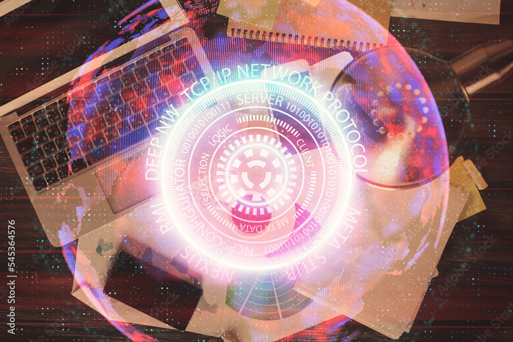 Poster Technology hologram drawing over computer on the desktop background. Top view. Double exposure. Tech concept.