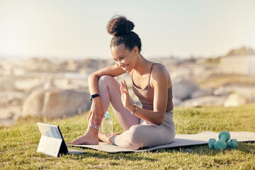 Tablet, woman coach and meditation for workout, relax and exercise for tutorial, outdoor and connect. Digital device, black girl and trainer with fitness video call, wellness and online instructor.