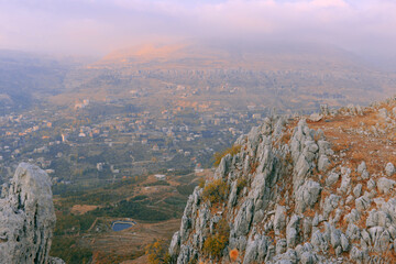 view of the mountains in foggy weather