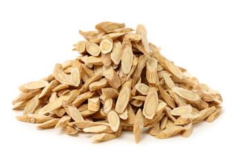 Chinese Herbal medicine - Astragalus slices, Huang Qi (Astragalus propinquus) on white background 