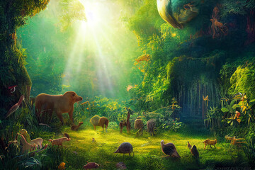 Fantasy of an utopian world where animals and nature live in harmony background - obrazy, fototapety, plakaty