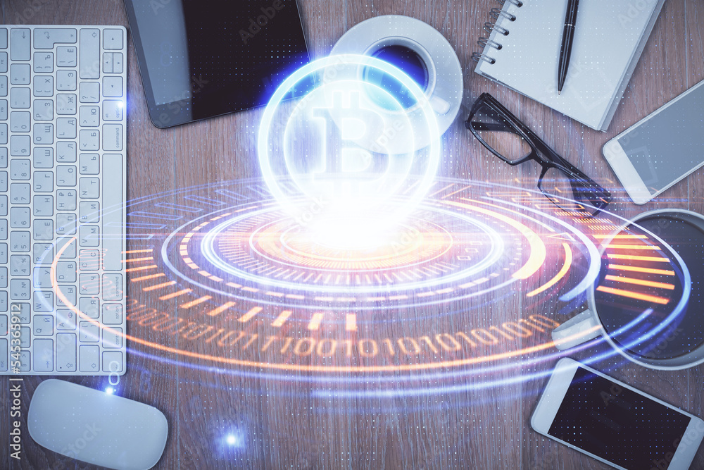 Poster Double exposure of blockchain theme hologram over table with phone. Top view. Crypto technology concept.