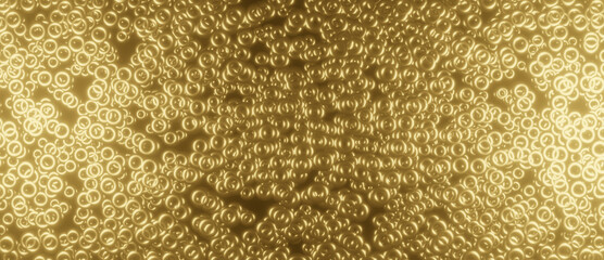 Abstract illustration with golden yellow illuminated shiny metallic rings or circles, 3D background with copy space for text