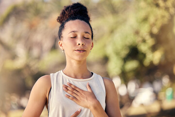Yoga, meditation and fitness with a black woman breathing for calm exercise outdoor in a nature...