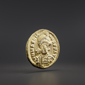 Historic Byzantine Solidus, Old money, archaeological find, golden coin, sesterce. from side view, 3d Rendering
