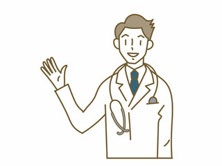 片手を上げて説明する白衣ネクタイの若い医師