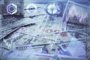 Multi exposure of forex chart drawing over us dollars bill background. Concept of financial success markets.