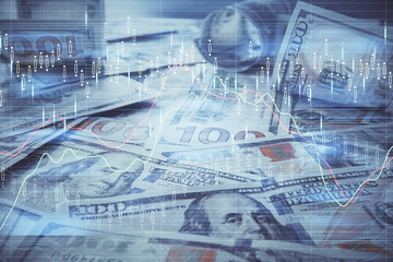 Multi exposure of forex chart drawing over us dollars bill background. Concept of financial success markets.