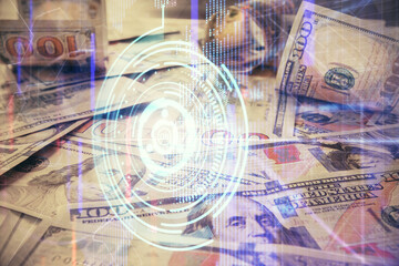 Double exposure of data theme drawing over us dollars bill background. Technology concept.