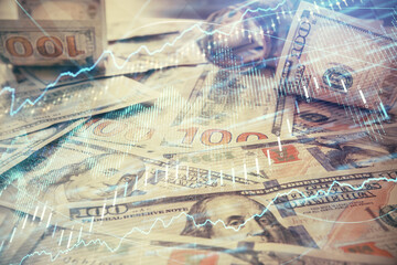Multi exposure of forex chart drawing over us dollars bill background. Concept of financial success markets.