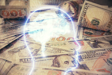 Double exposure of brain drawing over us dollars bill background. Technology concept.