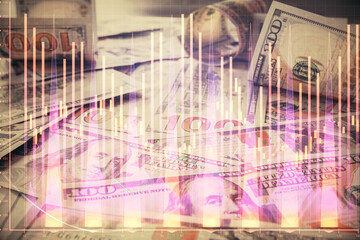 Fototapeta na wymiar Multi exposure of forex chart drawing over us dollars bill background. Concept of financial success markets.