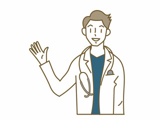片手を上げて説明するスクラブに白衣を羽織った若い男性医師
