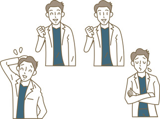 スクラブに白衣を羽織った若い男性医師の表情パターンのイラスト素材セット