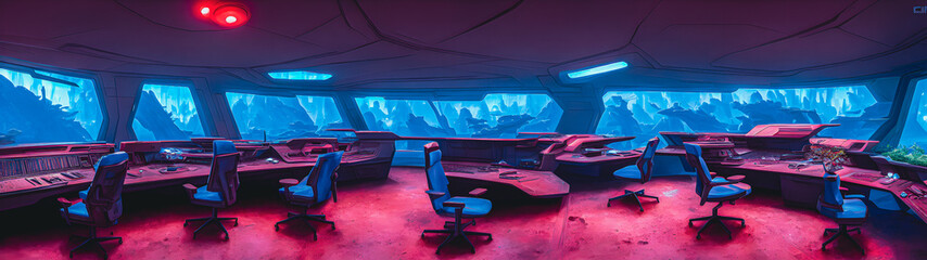 Artistic concept illustration of a control room of space station, background illustration.