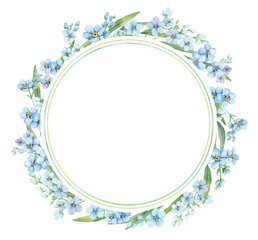 Watercolor Forget-Me-Nots wreath. Greenery Floral frame. Hand drawn watercolor illustration. Decorative design elements.