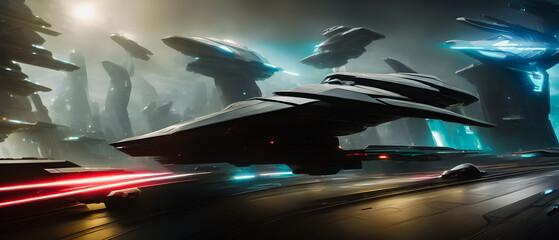 Artistic painting concept of spaceship in futuristic landscape, digital art style, illustration background painting. Creative Design, Tender and dreamy design.