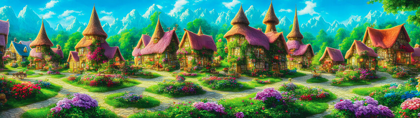 Fototapeta premium Artistic concept illustration of a Fairy tales village with small houses, background illustration.