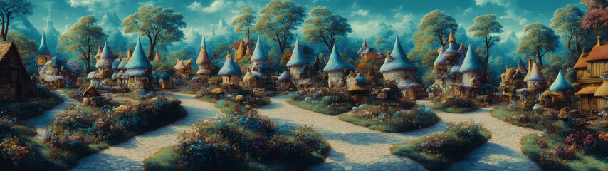 Artistic concept illustration of a Fairy tales village with small houses, background illustration.