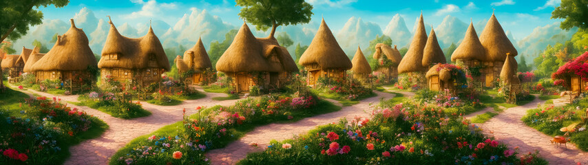 Fototapeta na wymiar Artistic concept illustration of a Fairy tales village with small houses, background illustration.