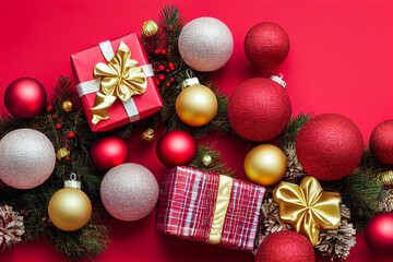 Merry Christmas and Happy Holidays ornaments and gift on background. Christmas background with Christmas balls and decoration. Winter xmas holiday theme. 