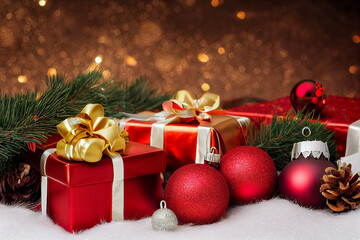 Merry Christmas and Happy Holidays ornaments and gift on background. Christmas background with Christmas balls and decoration. Winter xmas holiday theme. 