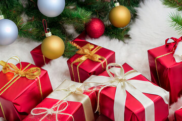 Merry Christmas and Happy Holidays ornaments and gift on background. Christmas background with Christmas balls and decoration. Winter xmas holiday theme. 