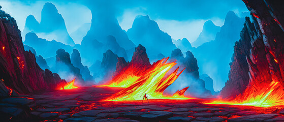 Fototapeta na wymiar Artistic concept illustration of a burning lava landscape, background illustration.