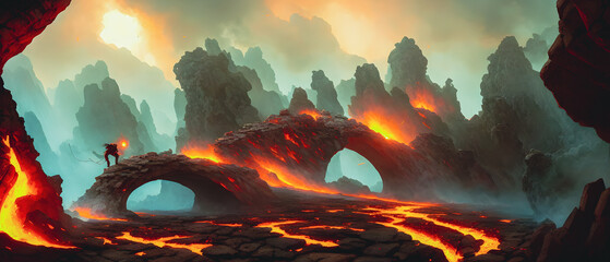 Artistic concept illustration of a burning lava landscape, background illustration.