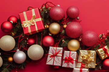 Merry Christmas and Happy Holidays ornaments and gift on background. Christmas background with Christmas balls and decoration. Winter xmas holiday theme. 