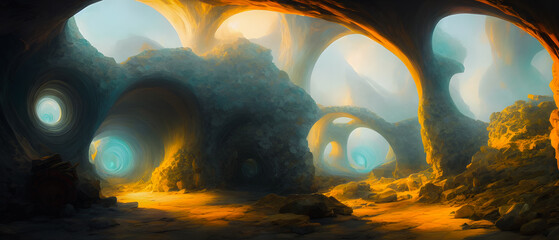 Artistic concept illustration of a undeground tunnel, background illustration.