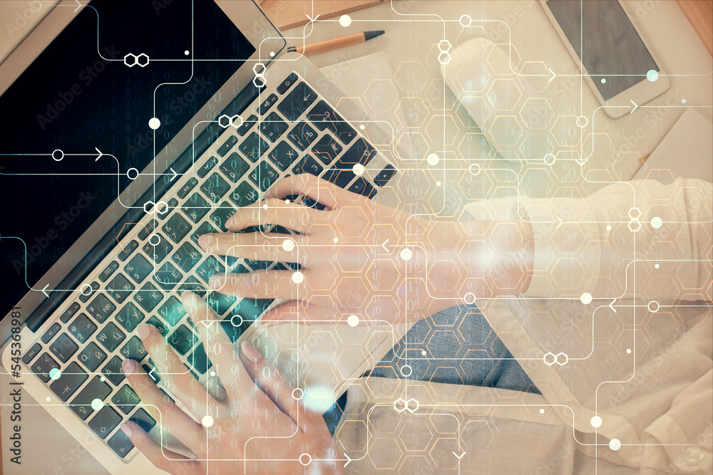 Poster Double exposure of woman hands working on computer and data theme hologram drawing. Top View. Technology concept.