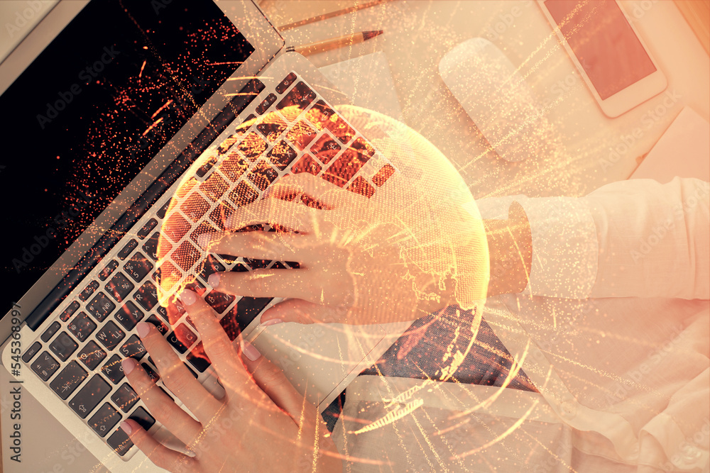 Poster double exposure of woman hands working on computer and social network theme hologram drawing. top vi