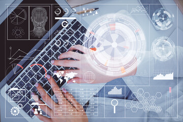 Double exposure of woman hands working on computer and data theme hologram drawing. Top View. Technology concept.