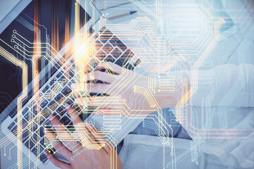 Double exposure of woman hands working on computer and world map hologram drawing. Top View. International business concept.