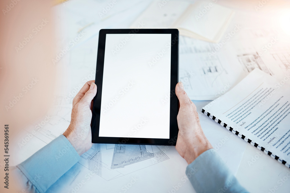 Aufkleber Architecture, tablet mockup in hands of architect, business and blueprint plan with construction paperwork and technology. Digital, connection and building document with planning and engineering.