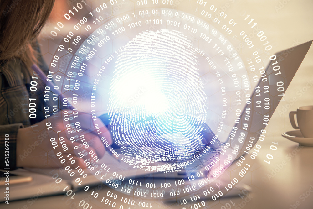 Poster double exposure of woman hands typing on computer and fingerprint drawing. security concept.