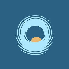 Abstract landscape, nature, sea, water, sun concept.Environment circle logo emblem.Modern, geometric, organic, spa style icon isolated on dark blue background.Circular deco design shapes.