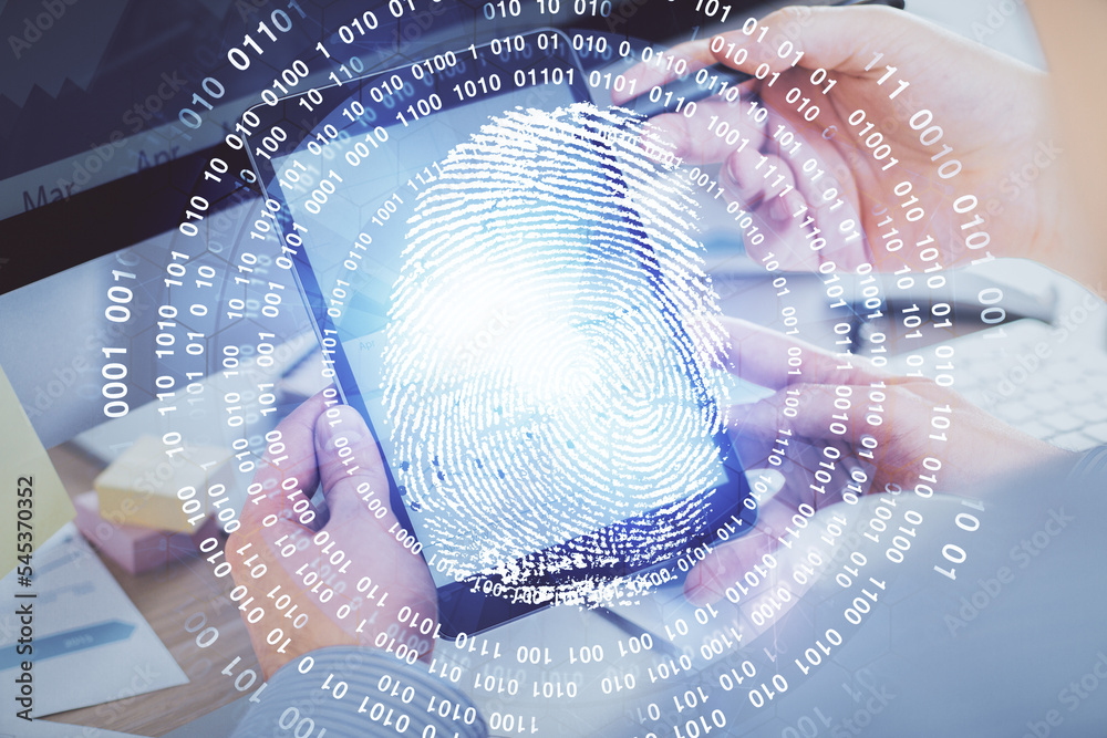 Poster Double exposure of man's hands holding and using a digital device and fingerprint hologram drawing. Security concept.