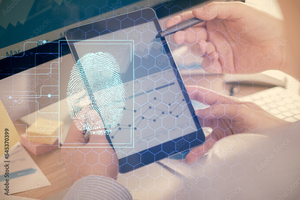 Poster double exposure of man's hands holding and using a digital device and fingerprint hologram drawing. 